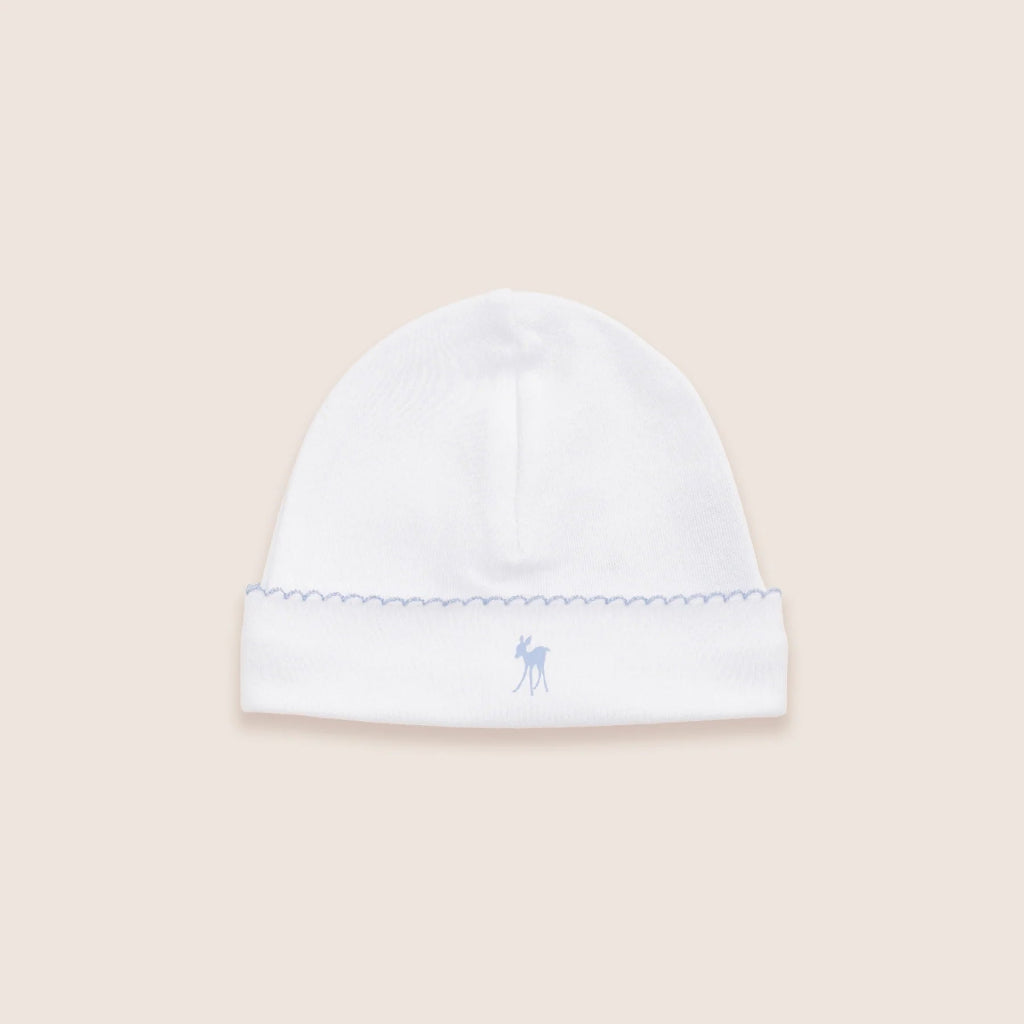 luxury white baby hat with blue picot edging