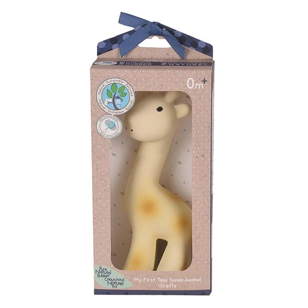 Giraffe natural rubber organic teether and bath toy in yellow in a box