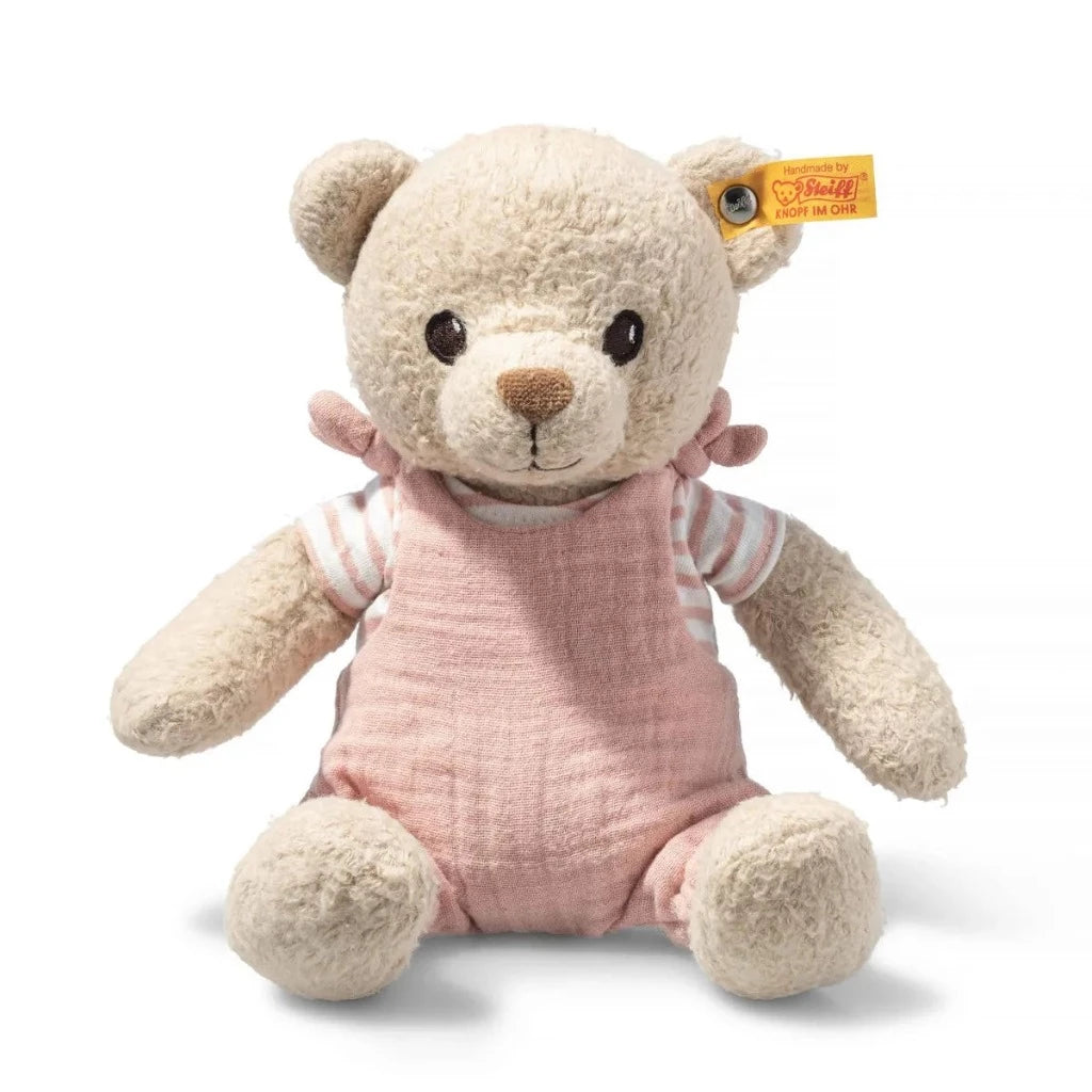 GOTS certified Teddy with pink muslin dungarees with a striped t shirt