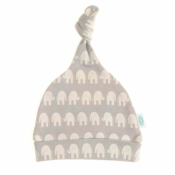 Grey knotted baby hat with white elephants