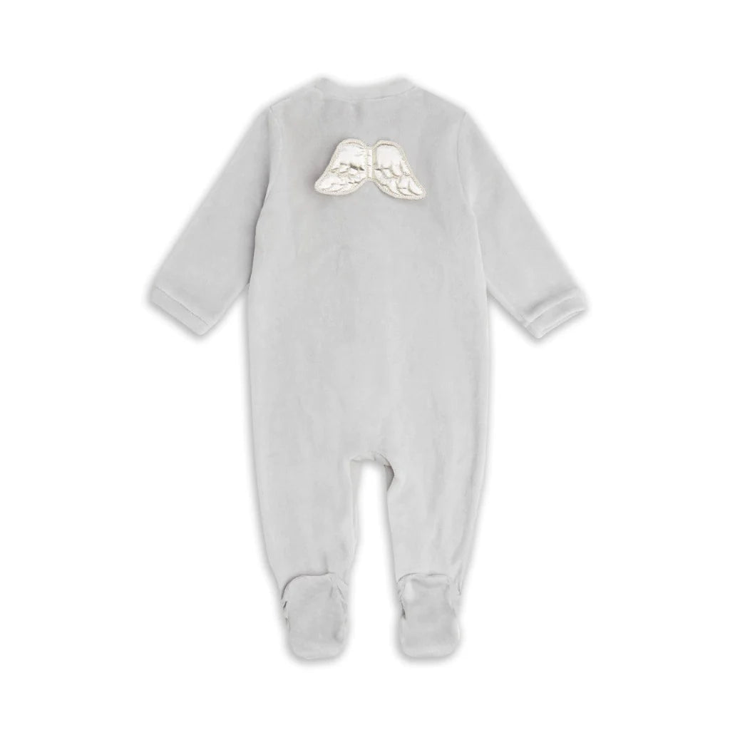 Marie Chantal grey velour sleepsuit with silver angel wings