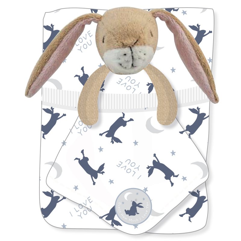 guess how much I love you baby boy blanket in white with navy bunnies and matching baby comforter
