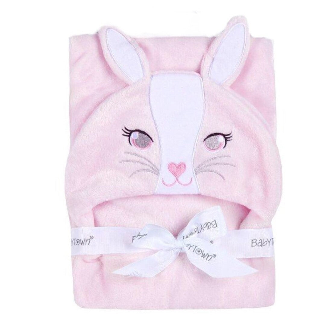 Hooded pink baby wrap with bunny face