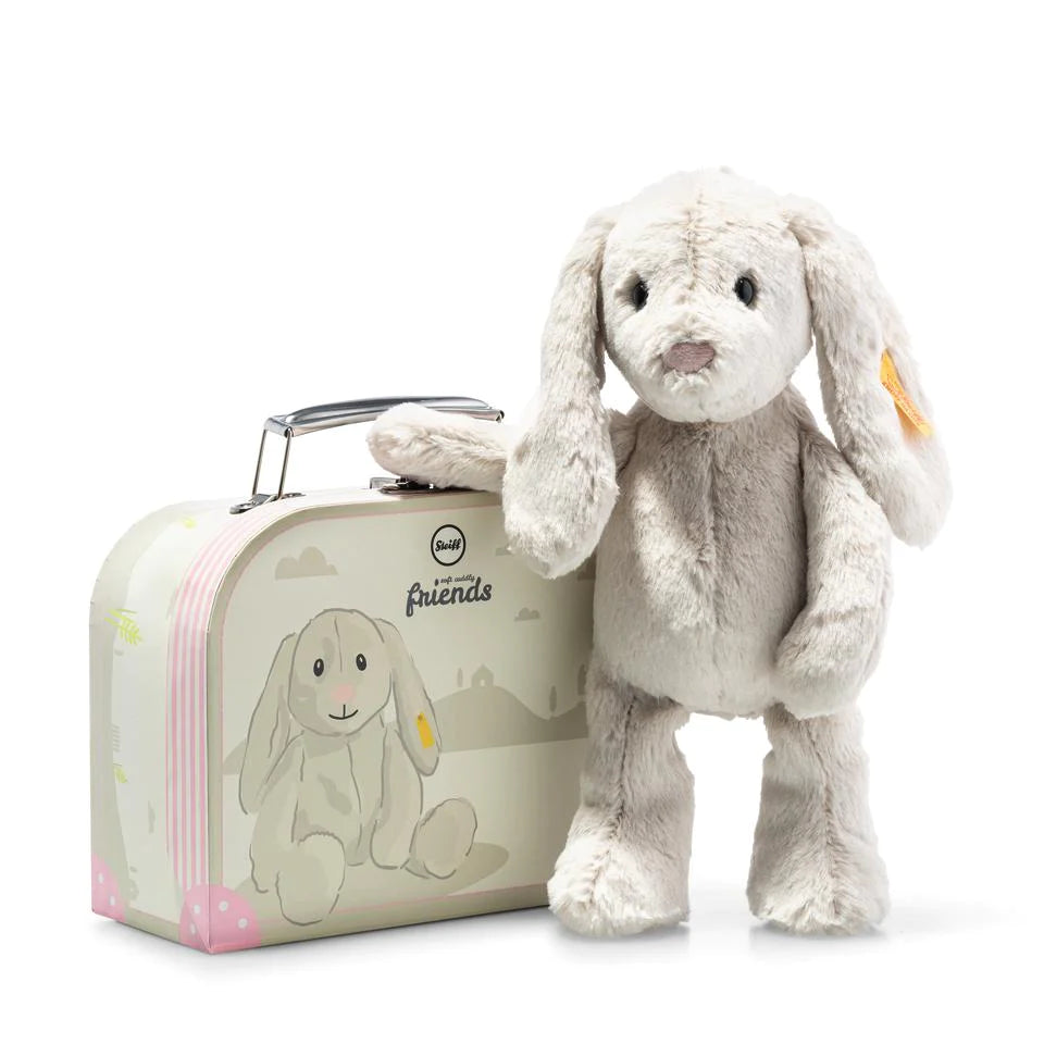 Steiff grey hoppie rabbit with its own suitcase with a rabbit picture