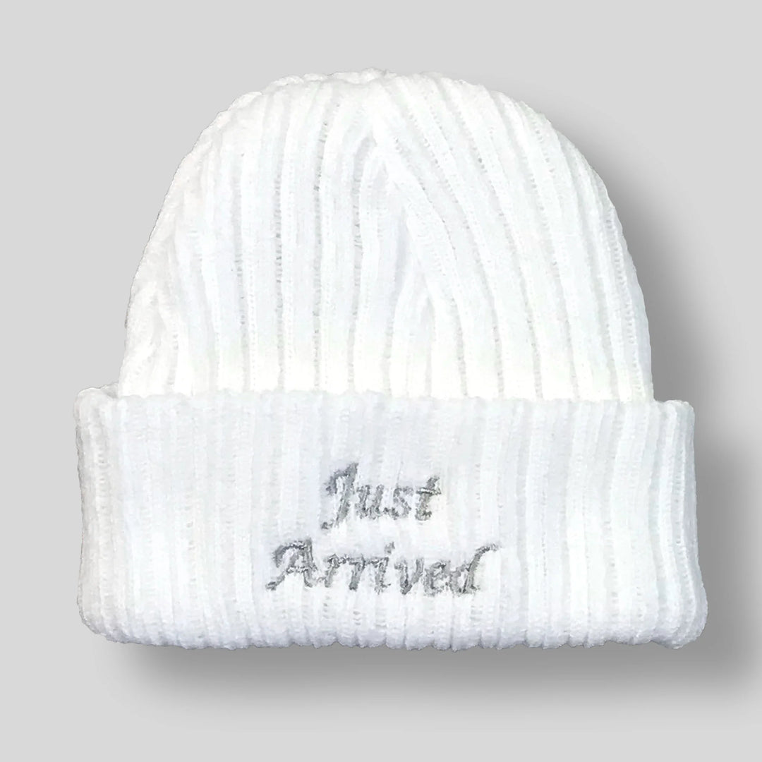 'Just Arrived' Newborn Baby Announcement Beanie Hat With Silver Embroidery
