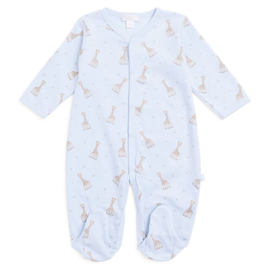 Prima cotton baby sleepsuit in pale blue with Sophie La Girafe design