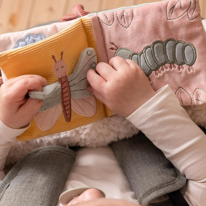 baby girl soft sensory stroller book with butterflies, birds and a catterpillar