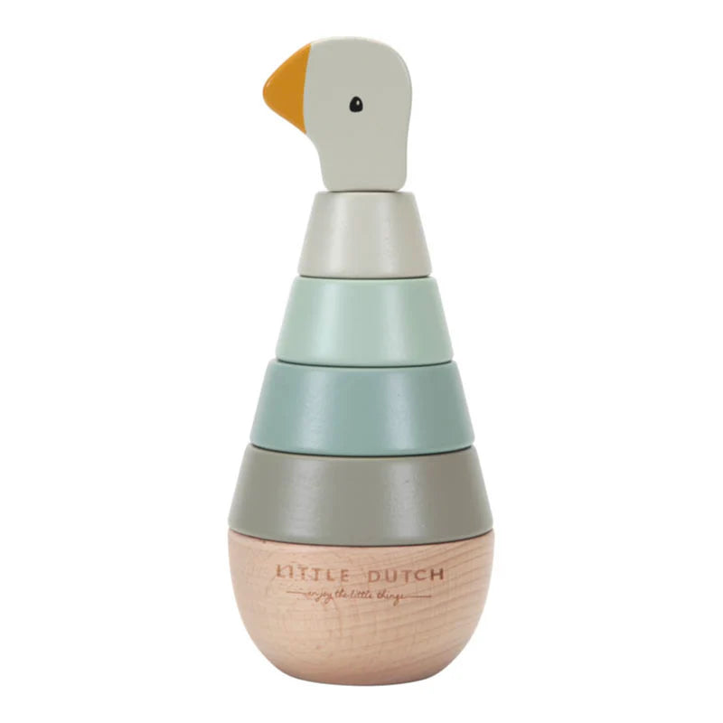 Baby wooden stacking toy in grey and green with goose head