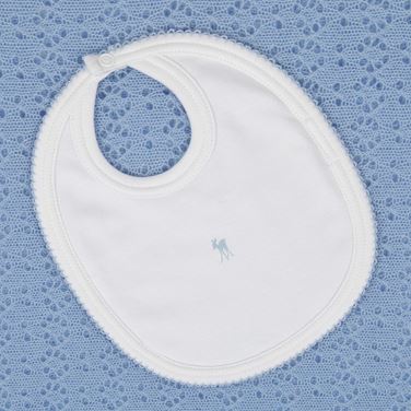Luxury white bib with blue picot edging and fawn  motif