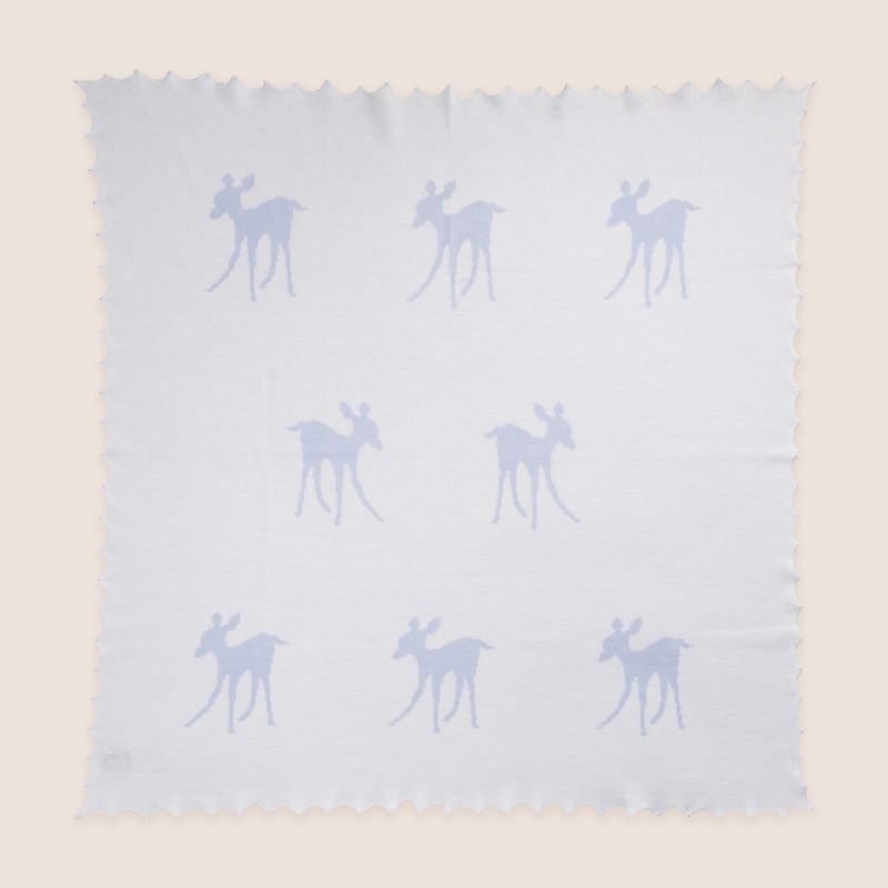 Luxury baby shawl in blue with sweet blue fawn design, scalloped edges