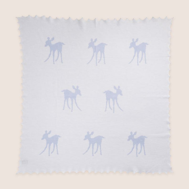 Luxury baby shawl in blue with sweet blue fawn design, scalloped edges