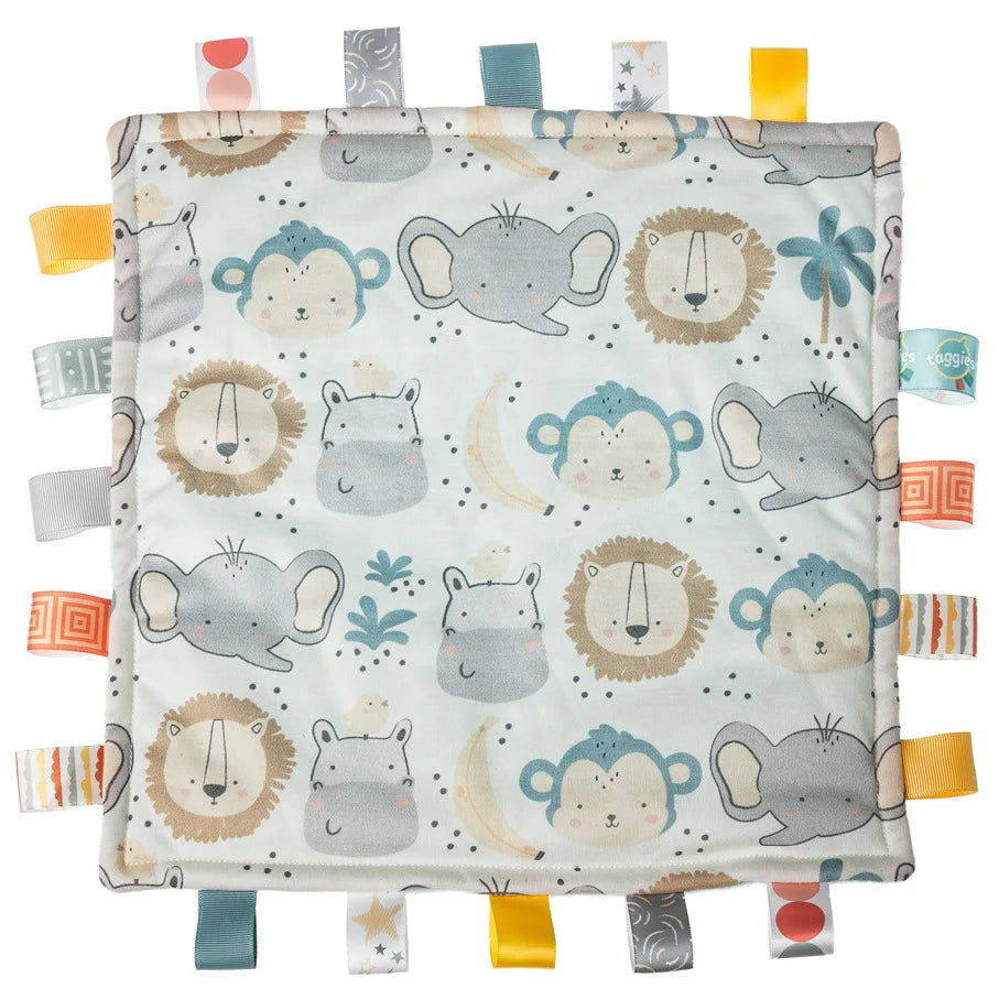taggie comforter in pale blue with grey elephant and hippo heads and tan coloured lion head