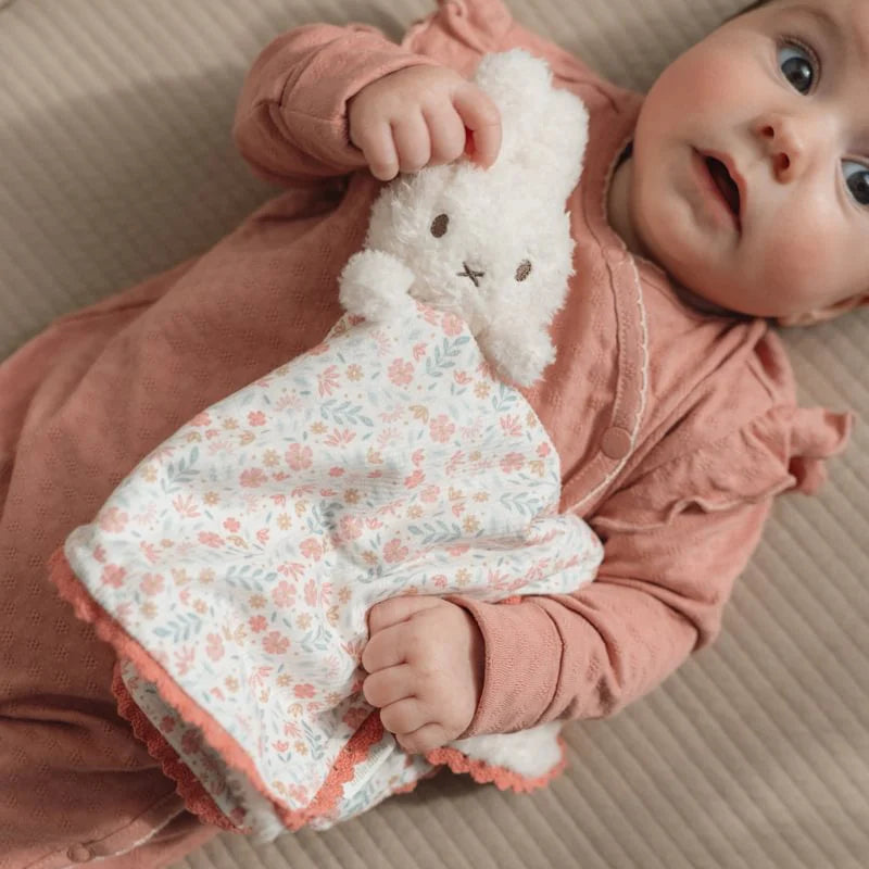 miffy baby comforter with pink floral area and frilled pink edge