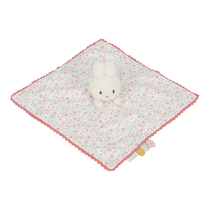 miffy baby comforter with pink floral area and frilled pink edge