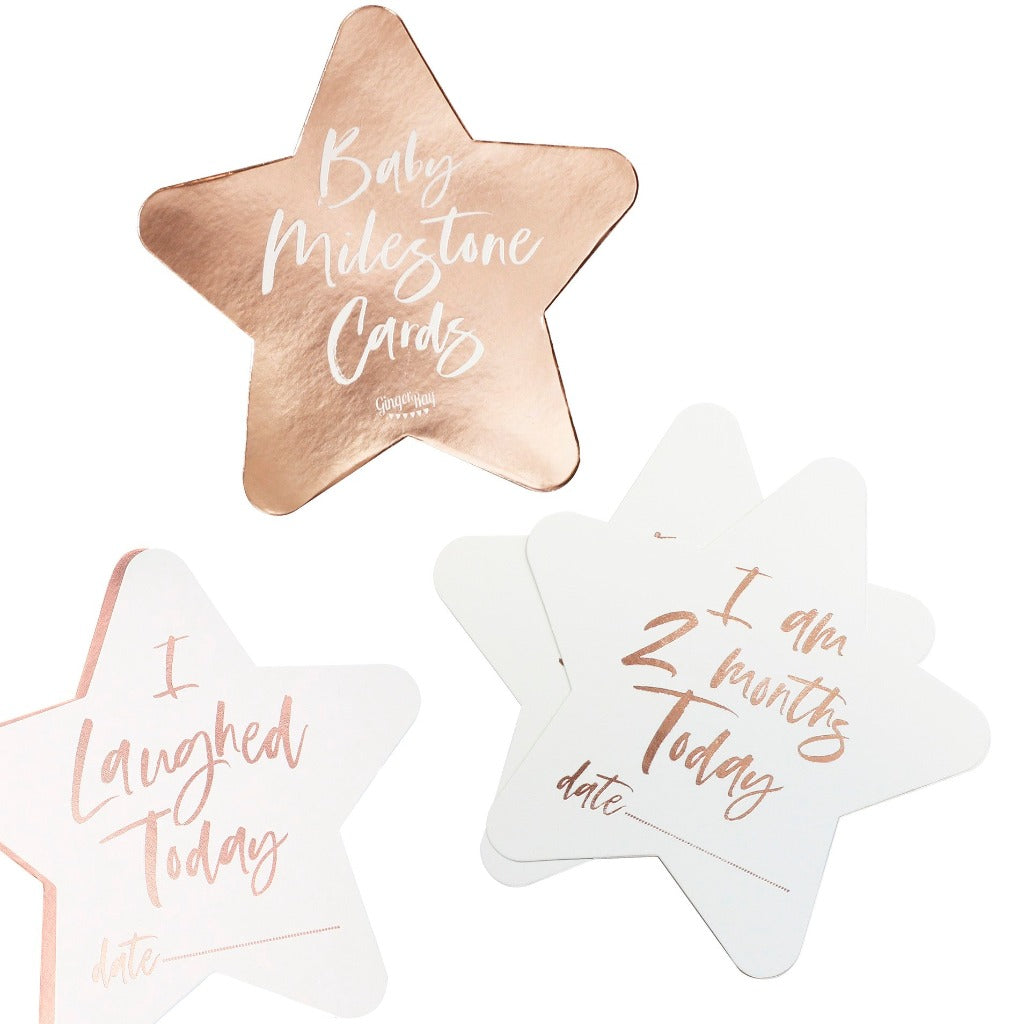 Rose gold and white star shaped baby milestone cards
