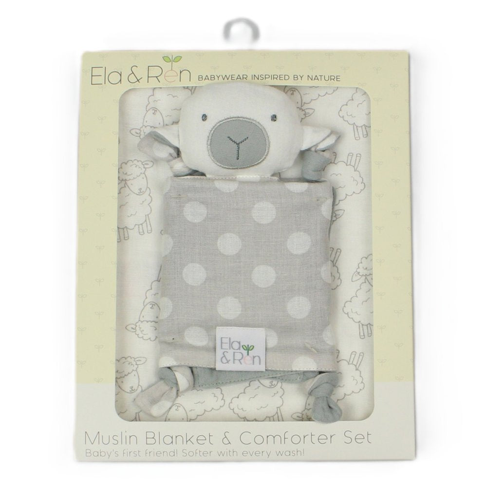 Baby Muslin Blanket & Comforter Set In A Gift Box- Grey Sheep