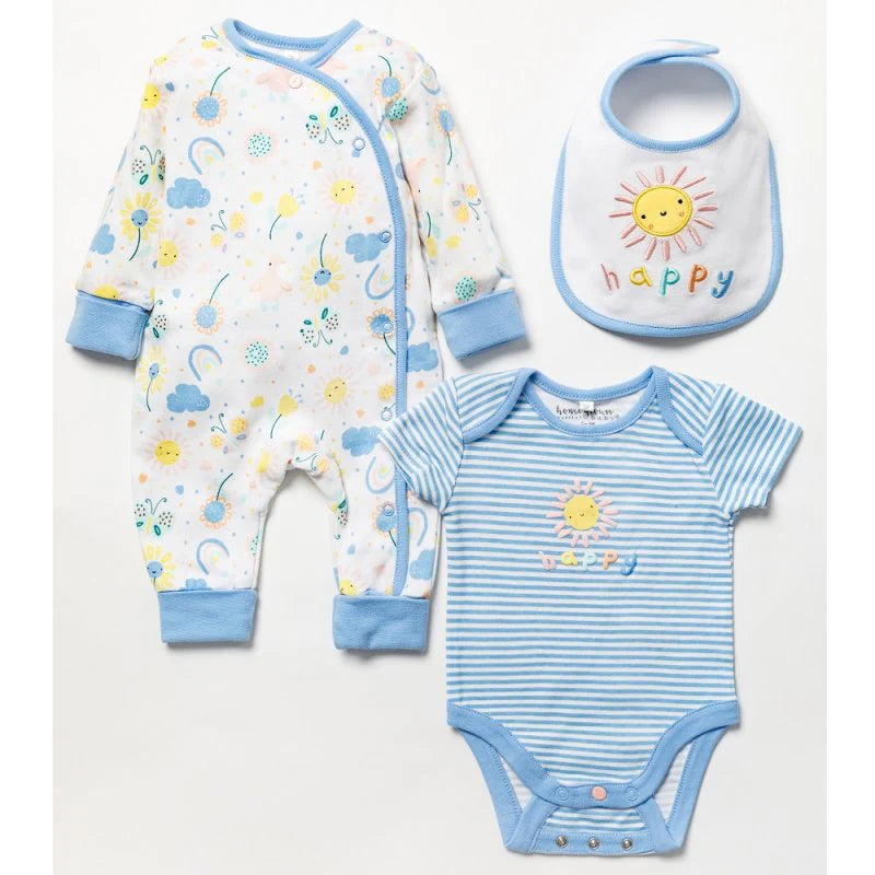 white, blue with yellow sunshine baby sleepsuit in organic cottonm, stripy bodysuit in blue and while with embroidered sun and the words happy, bib with sunshine and happy embroidered