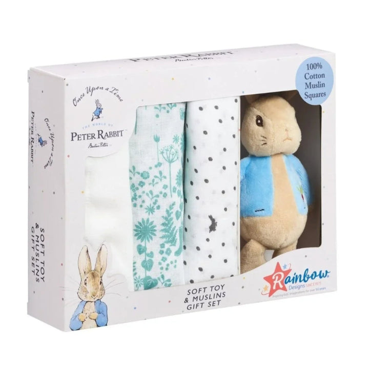 Gift set with soft toy and  three baby muslins in a Peter Rabbit in gift