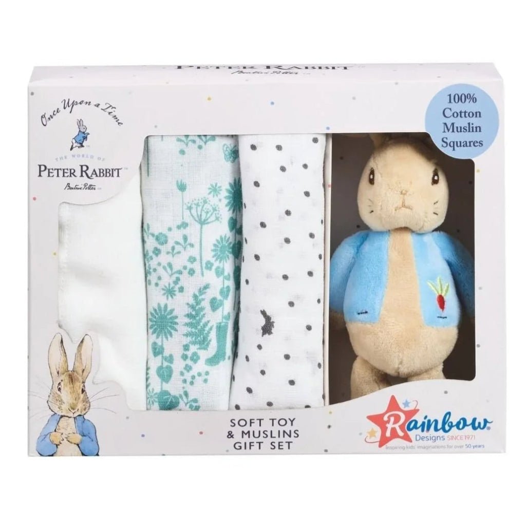 Gift set with soft toy and  three baby muslins in a Peter Rabbit in gift packaging