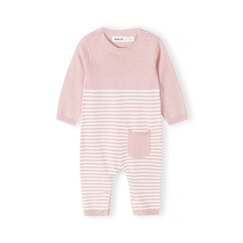 Pink and white striped baby romper in fine knit