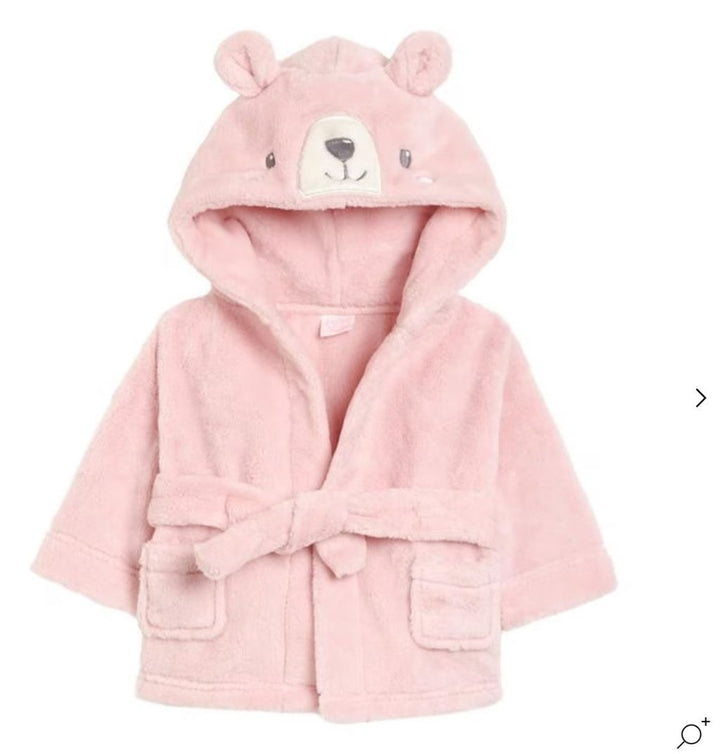 pink baby girl dressing gown with teddy face and ears