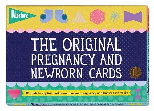 Pregnancy and newborn milestone cards in a box