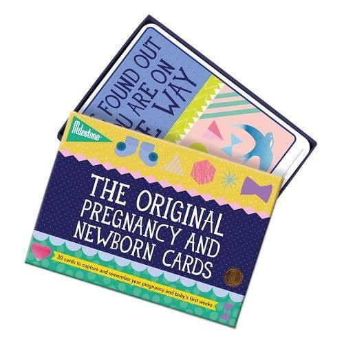 Pregnancy and newborn milestone cards in a box