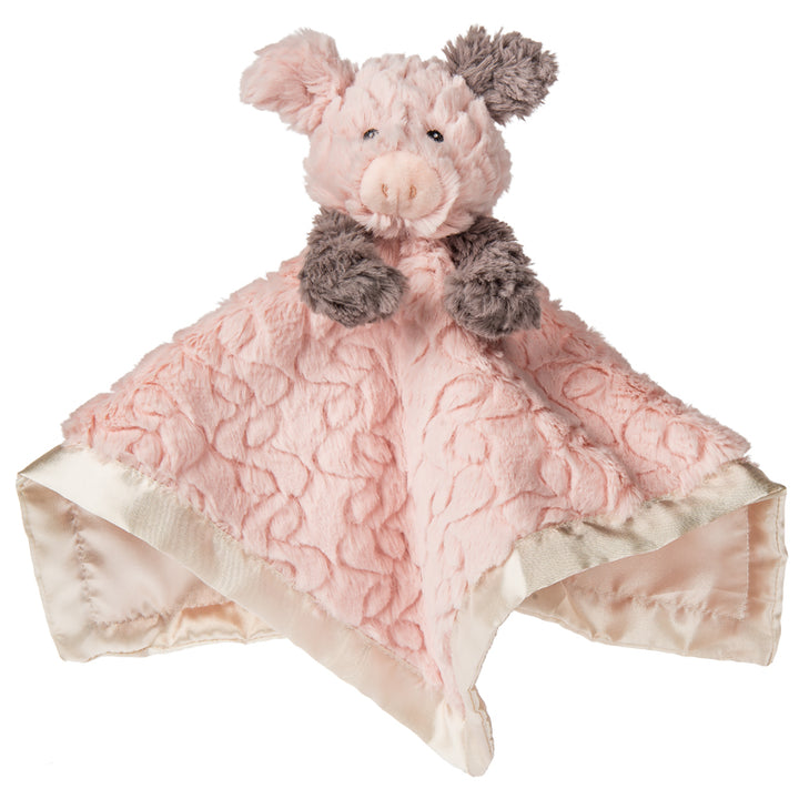 pink pig soft baby comforter with one brown ear and brown arms