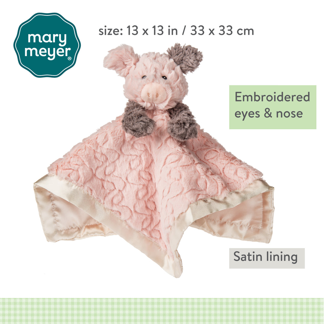 pink pig soft baby comforter with one brown ear and brown arms