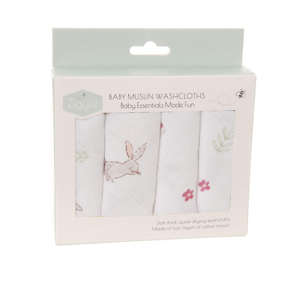 4 baby washcloths in muslin with bunnies and flowers
