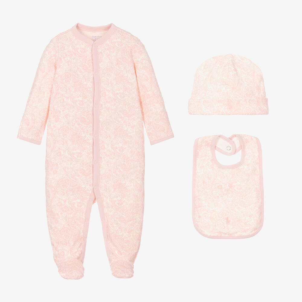 Baby sleepsuit in pink and white with matching beanie hat and bib by Ralph Lauren