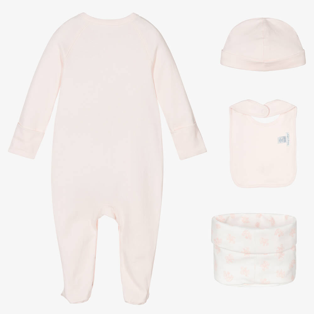 Pink baby girl sleepsuit with Ralph Lauren logo, pink baby bib with ralph lauren logo, pink organic cotton baby hat with ralph lauren logo, pink and white small basket in fabric by Ralph Lauren
