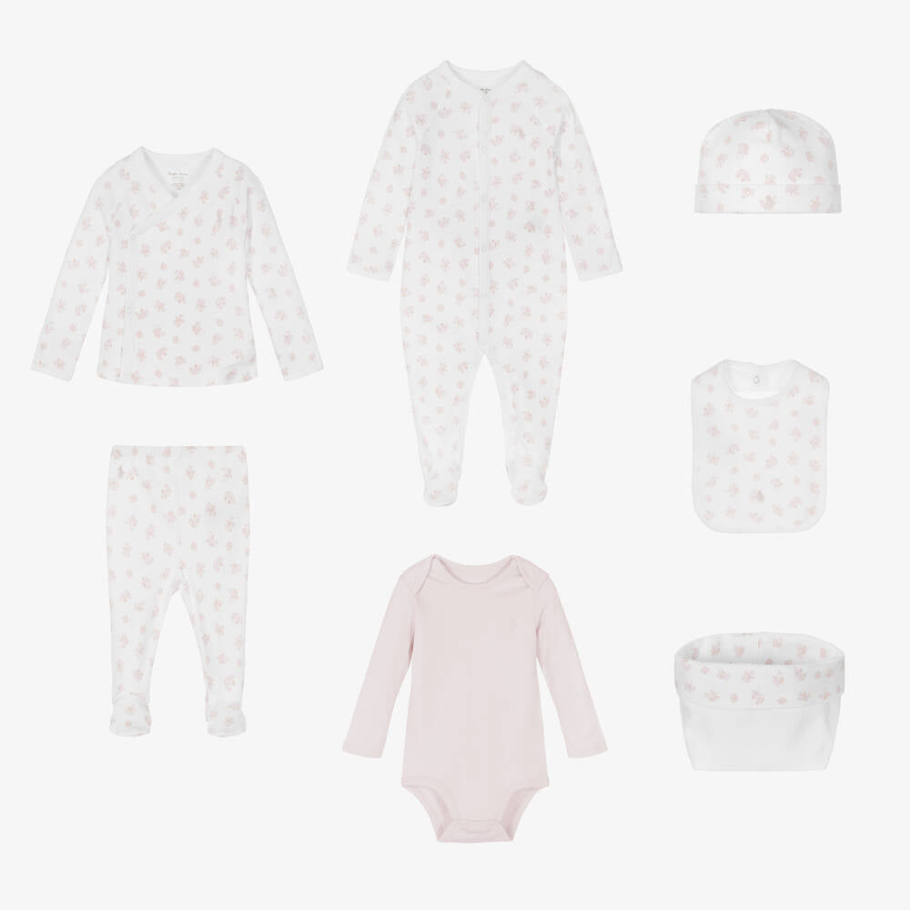 7 piece Ralph Lauren baby clothing set in white with pink flowers