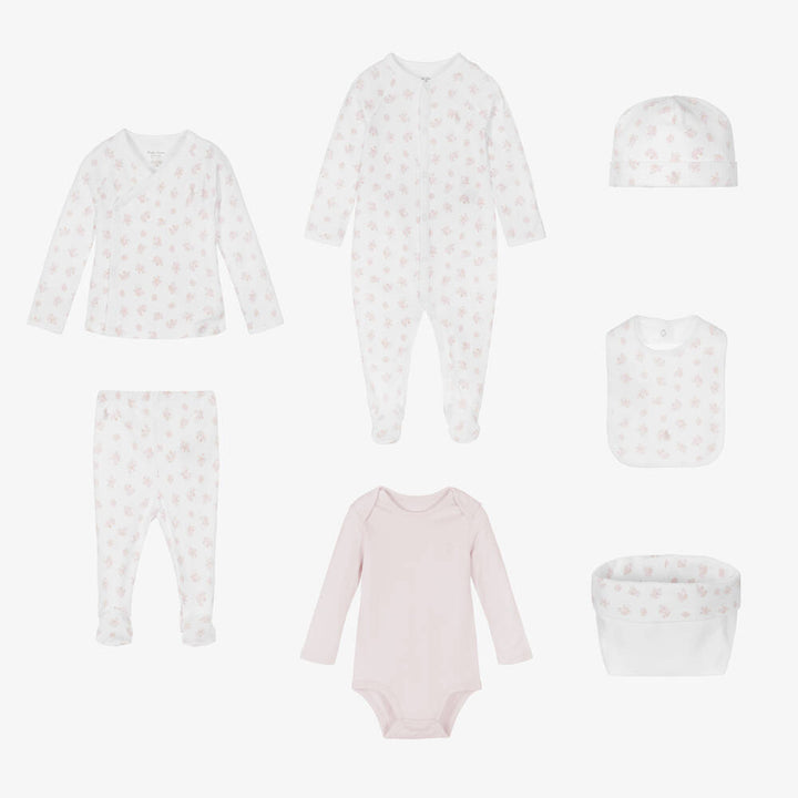 7 piece Ralph Lauren baby clothing set in white with pink flowers