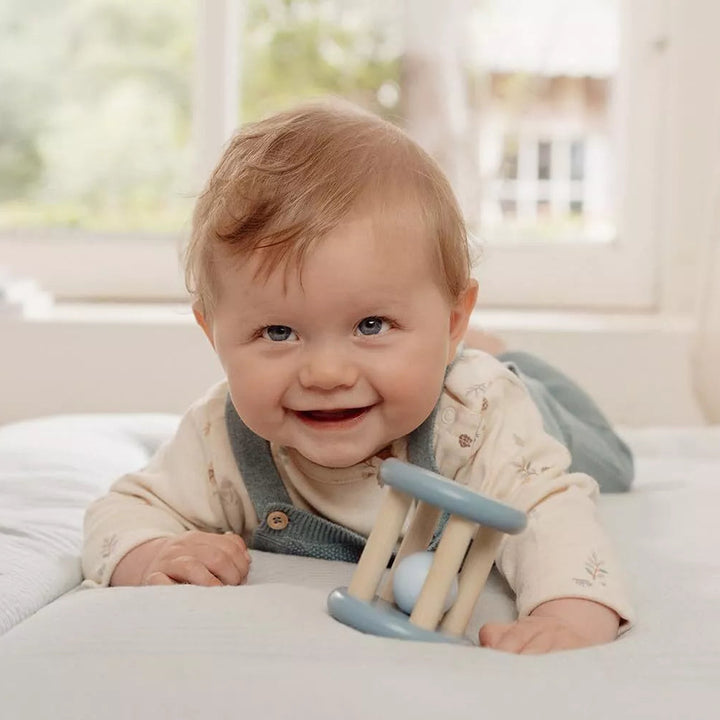 Blue and natural wood baby roller rattle