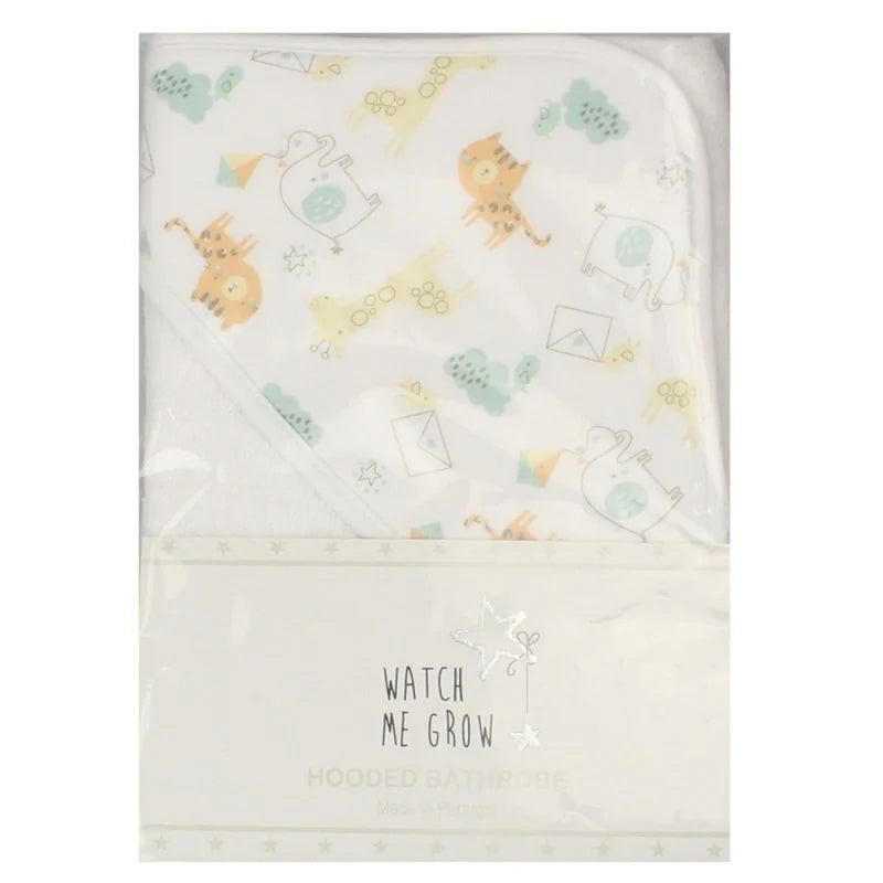 white hooded bath towel with safari animals design