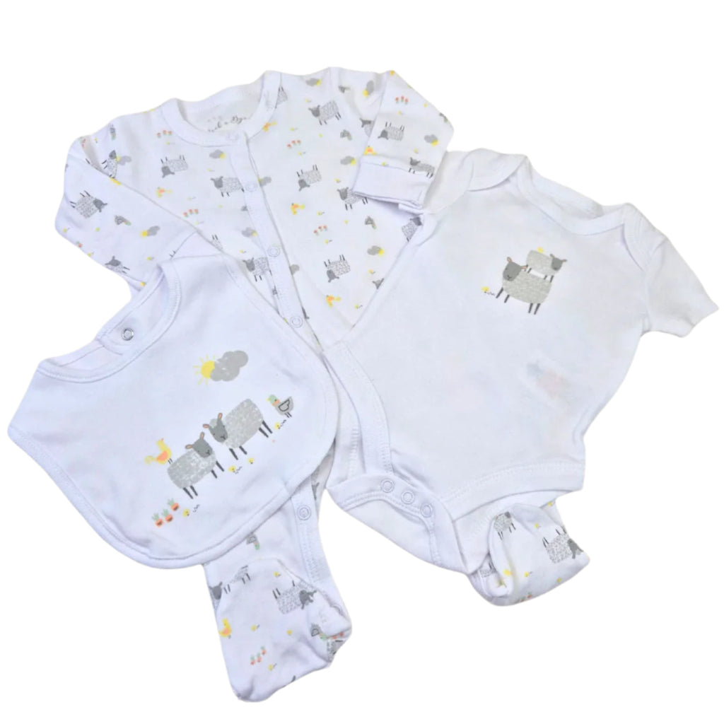 white baby layette set with baby sleepsuit with grey sheep[ and birds, white bodysuit with two sheep, bid with sheep and bird