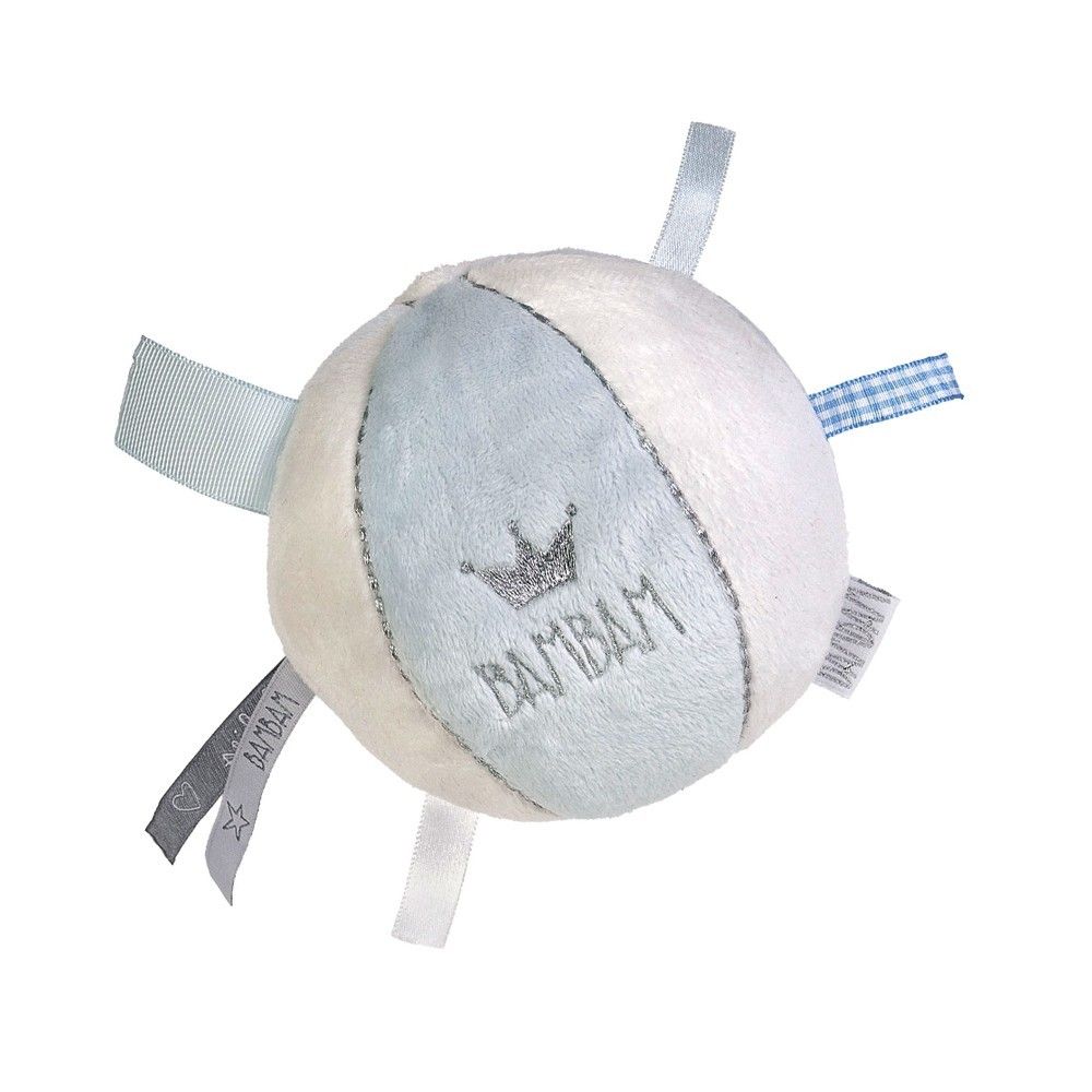 Blue and white soft ball with different textured ribbon tabs