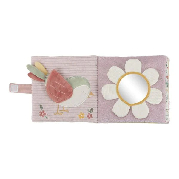 Pink soft baby sensory book with deer and fairy garden theme, full of pastel pink and green interactive images  and baby mirror