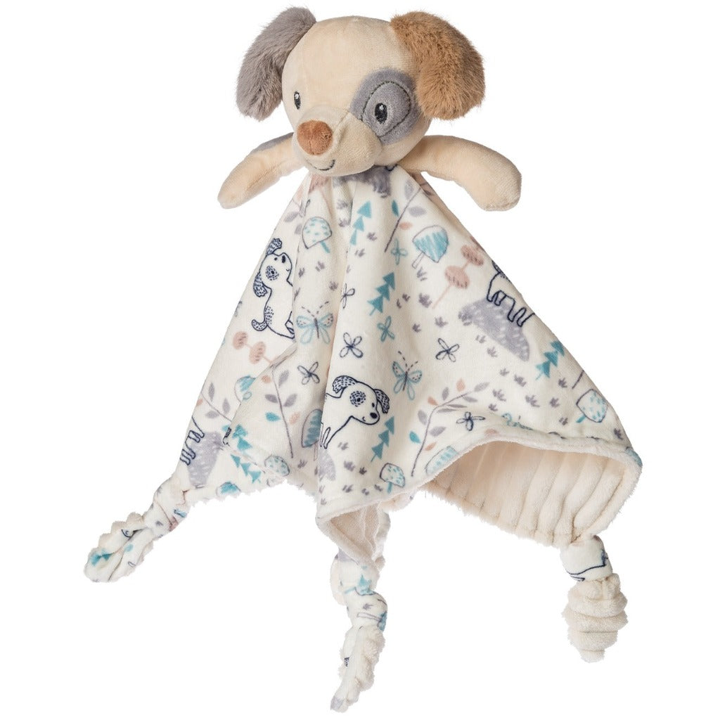 Soft comfort blanket with puppy stuffed head and knotted corners