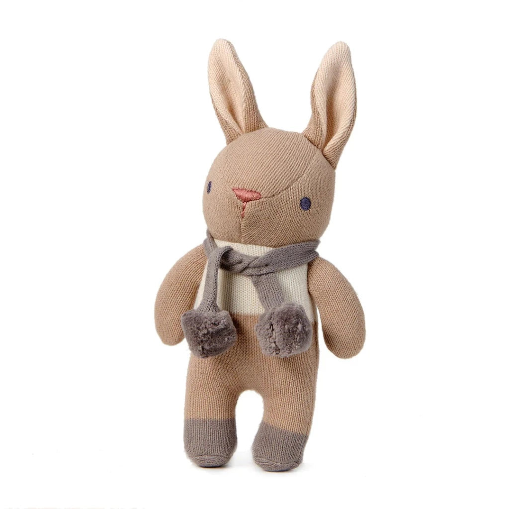 Taupe knitted rabbit with rattle baby soft toy
