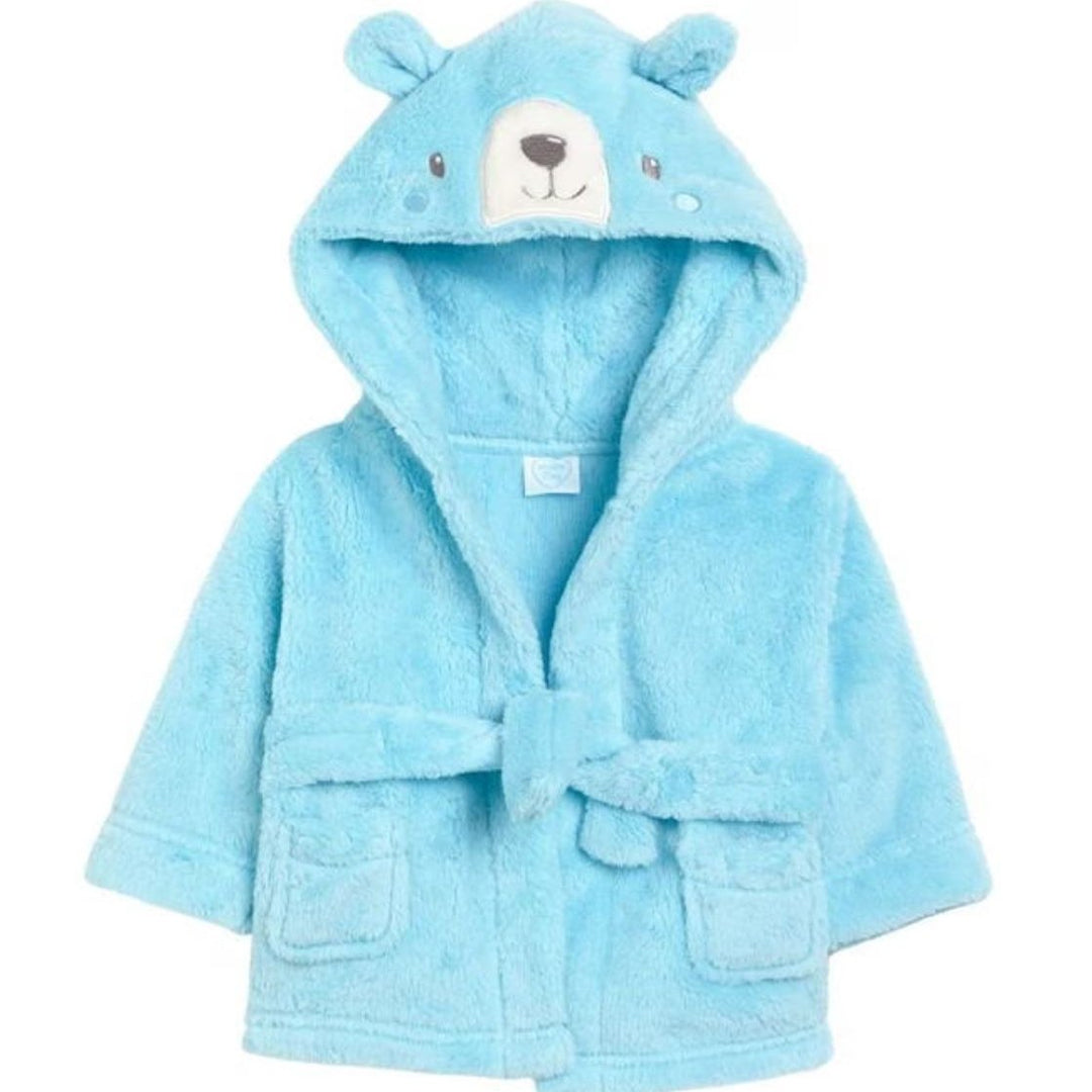 blue baby dressing gown with teddy face