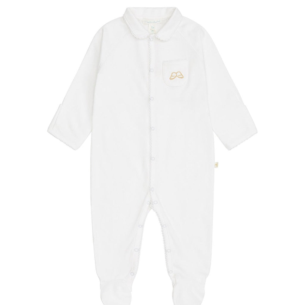 white cotton baby sleepsuit with gold angel wing embroidery on the pocket and picot edging