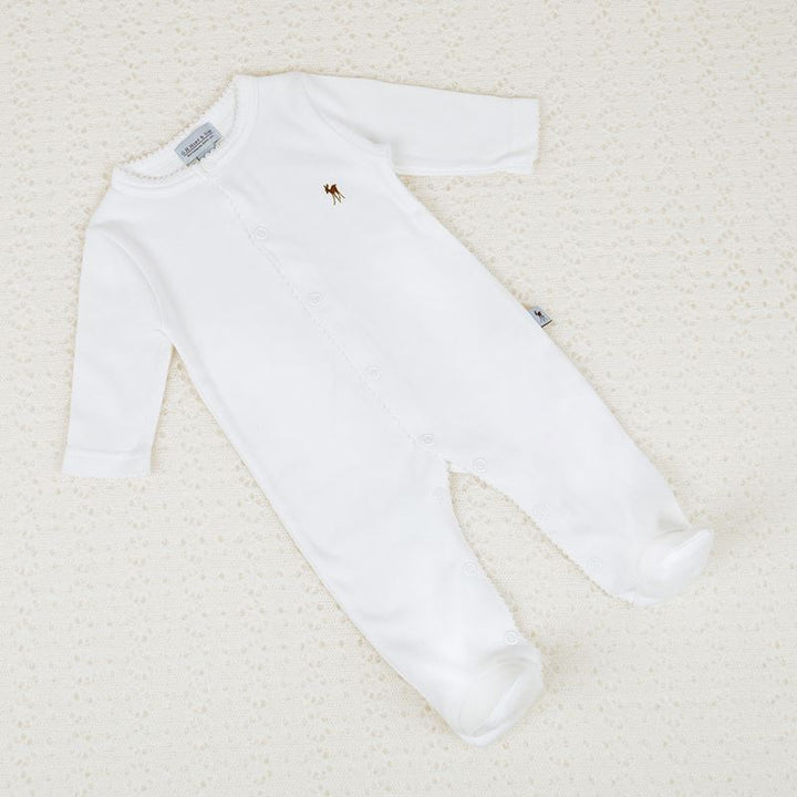 Luxury white baby sleepsuit with fawn motif and  picot edge