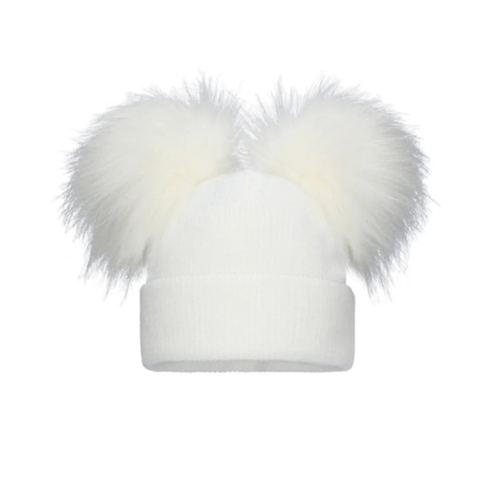 Luxury Double Fluffy Pompom First Size Baby Hat, Pink, White Or Blue