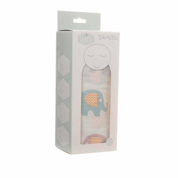 White muslin swaddle with pink and blue elephants