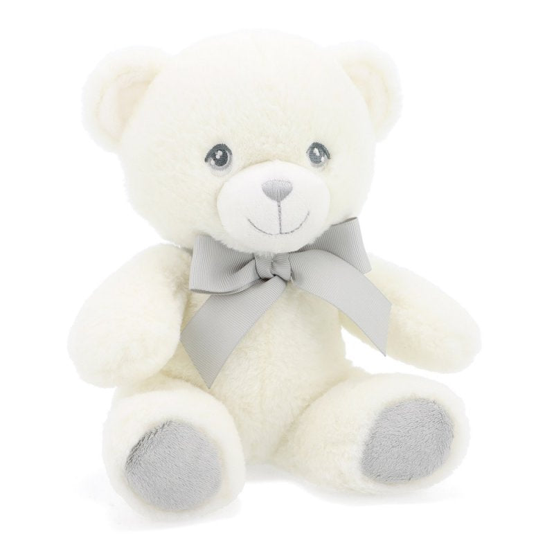 white teddy bear with brey feet pads and a grey bow