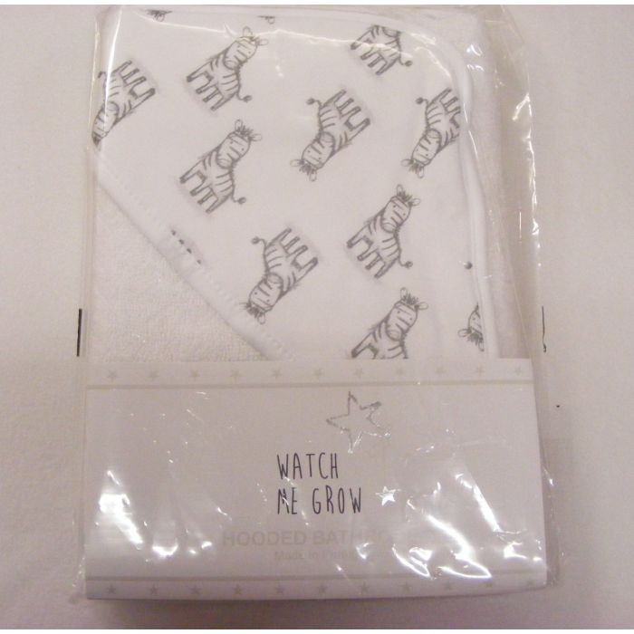 white hooded baby towel with grey zebra's