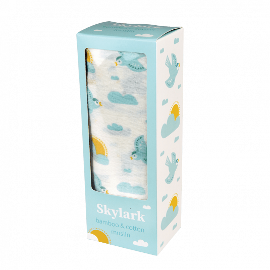 White swaddling blanket with light blue skylarks boxed