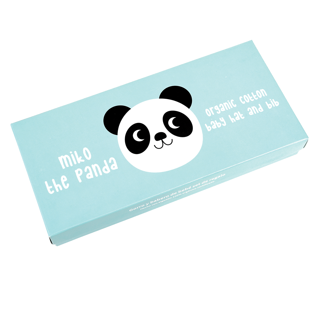 Black and white panda organic cotton baby hat and bib in a gift box